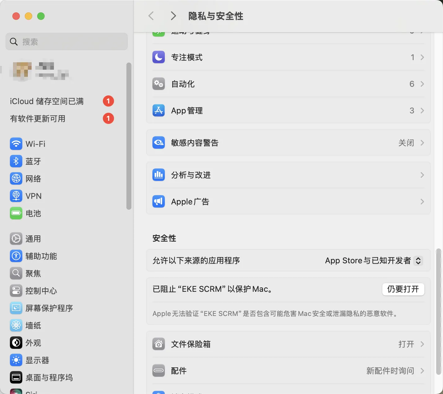 图 3：隐私与安全性设置中的仍要打开按钮